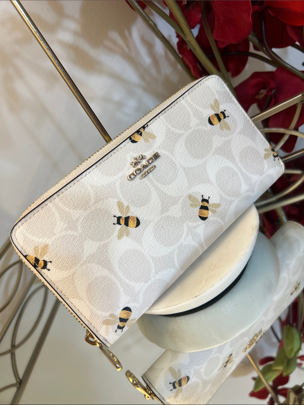 Coach Long Zip-Around / Accordion Wallet in Signature C Canvas with Bee Print